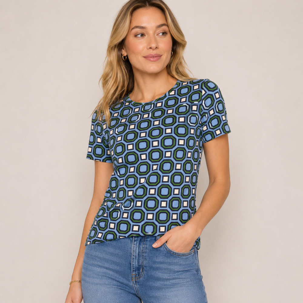 Tory Burch Louis Cotton Printed T-Shirt M Blue Green Geometric Tee